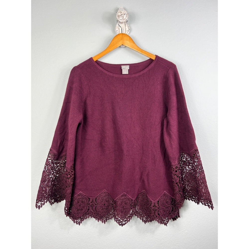 Chico's Sweater 2 L Burgundy Lace Trim Ribbed Knit Bell Sleeve Crochet Top